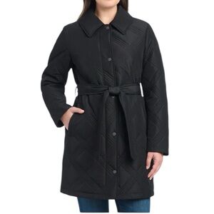 Jones New York Women's Quilted Jacket w/ Hood, Tie-Belt & Pockets Black Sz XS